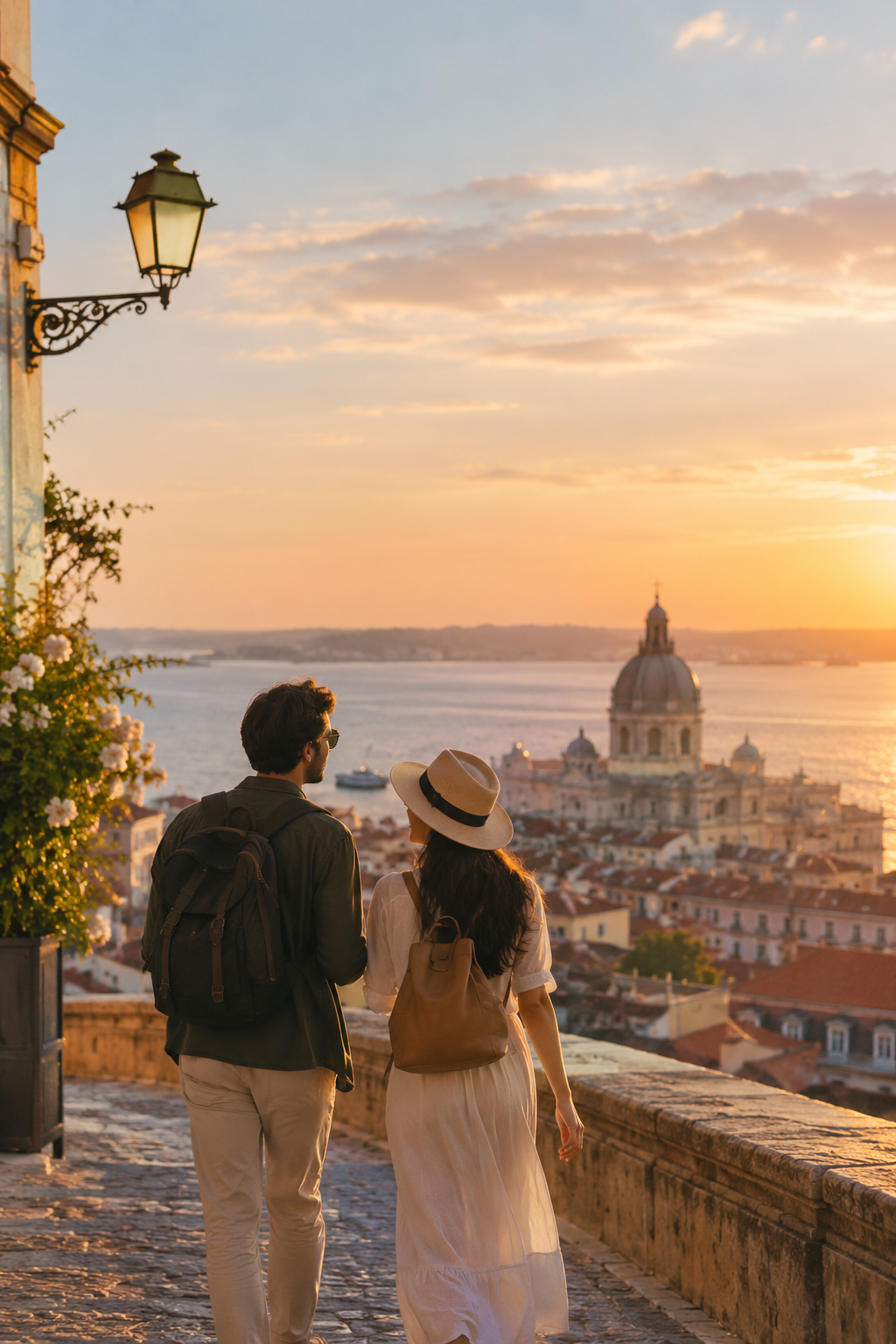Happy couple walking together along a charming historic street abroad at golden hour, enjoying the journey